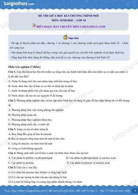 Đề thi giữa kì 1 Sinh 10 Chân trời sáng tạo - Đề số 4